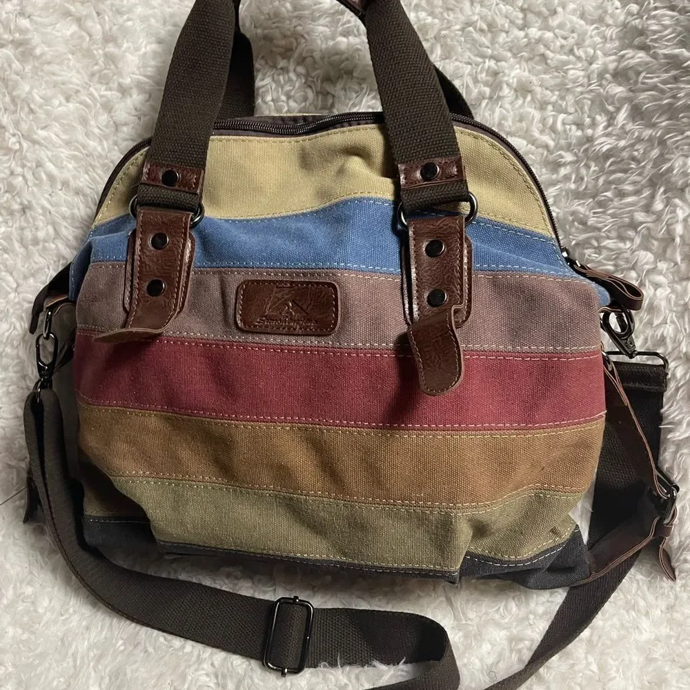 SUNSHINEJING Striped Canvas Tote Crossbody Strap Double Handles